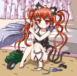 Rule 34 | 1girl, animal ears, barefoot, black panties, camisole, cat ears, cat girl, cat tail, dressing, female focus, hair brush, hairdressing, hand in own hair, kaenbyou rin, long hair, multiple tails, panties, red eyes, red hair, ribbon, sitting, solo, tail, touhou, twintails, underwear, underwear only, usakou