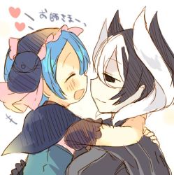 Rule 34 | 1boy, 1girl, :d, arms around neck, bad id, bad twitter id, black eyes, black gloves, black hair, blue hair, blush, cape, capelet, closed eyes, closed mouth, empty eyes, from side, gloves, hair between eyes, heart, jacket, looking at another, lowres, made in abyss, maid, maid headdress, maruruk, nekotorina, open mouth, ozen, pouch, profile, puffy short sleeves, puffy sleeves, short hair, short sleeves, simple background, smile, translated, white background, white hair