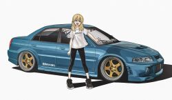 Rule 34 | 1girl, :d, absurdres, arm up, blonde hair, blue eyes, bokuya, highres, legs apart, mitsubishi lancer evolution, open mouth, original, shadow, simple background, smile, solo, stance (vehicle), standing, white background