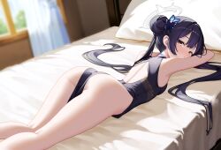 1girl armpits ass bare_arms bare_legs bare_shoulders bed bed_sheet black_dress black_hair blue_archive blurry blurry_background blush breasts darkswan double_bun dress hair_between_eyes hair_bun hair_ornament highres indoors kisaki_(blue_archive) long_hair looking_at_viewer looking_back lying on_bed on_stomach pillow shirt sidelocks sleeveless solo thighs twintails very_long_hair