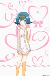 Rule 34 | 1girl, arms behind back, bare arms, bare legs, blue eyes, blue hair, blush, bright pupils, cable knit, closed mouth, commentary request, creatures (company), dress, game freak, hairband, heart, lana (pokemon), mizu majuu (waterman10), nintendo, no sclera, pokemon, pokemon sm, raised eyebrows, short dress, short hair, solo, sweater, sweater dress, twitter username, watermark, white background, white pupils, yellow hairband