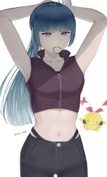 Rule 34 | 1girl, absurdres, alternate costume, alternate hairstyle, arms up, black panties, black pants, blue hair, breasts, chingling, closed mouth, collarbone, cowboy shot, creatures (company), crop top, dark blue hair, game freak, gen 4 pokemon, hair tie, hair tie in mouth, high collar, highleg, highleg panties, highres, holding, holding own hair, long hair, medium breasts, midriff, mouth hold, navel, nintendo, panties, pants, pokemon, pokemon (creature), pokemon rgby, ponytail, purple shirt, red eyes, sabrina (pokemon), shirt, simple background, sleeveless, sleeveless shirt, star dr0p, twitter username, underwear, white background, zipper