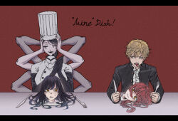 Rule 34 | 1boy, 3girls, arthropod limbs, black blood, black gloves, black hair, blonde hair, blood, blood drip, blood from mouth, bloody tears, braid, braided ponytail, chainsaw man, chef, chef hat, closed eyes, cross scar, denji (chainsaw man), disembodied head, elbow gloves, extra arms, facial scar, facing another, falling devil (chainsaw man), flat top chef hat, fork, gloves, hat, head tilt, holding, holding fork, holding head, holding knife, knife, letterboxed, long hair, looking at another, looking to the side, makima (chainsaw man), multiple girls, nosebleed, open mouth, parted lips, red hair, ringed eyes, scar, scar on cheek, scar on face, severed head, sharp teeth, short hair, sideways glance, smile, tamitami0411, teeth, tongue, tongue out, twitter username, yellow eyes, yoru (chainsaw man)