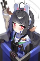Rule 34 | 1girl, absurdres, ahoge, autumn leaves, binoculars, black gloves, black hair, blue archive, blue shirt, blunt bangs, blurry, blurry background, blush, bolt action, closed mouth, commentary request, depth of field, gloves, gun, halo, headgear, highres, long hair, long sleeves, miyu (blue archive), mosin-nagant, red eyes, rifle, sailor collar, sbgu, shirt, sidelocks, simple background, sleeves past wrists, solo, weapon, white background, white sailor collar