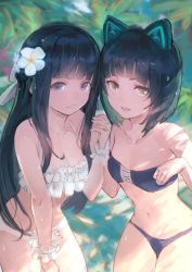 Rule 34 | 2girls, animal ears, bare shoulders, bikini, black hair, blue bikini, blue eyes, blue hair, blunt bangs, blush, breasts, cat ears, closed mouth, collarbone, commentary, cowboy shot, day, flower, gems company, gigapuri, green hair, hair flower, hair ornament, hase mikoto, holding hands, interlocked fingers, long hair, medium breasts, mizushima aoi (virtual youtuber), multicolored hair, multiple girls, open mouth, outdoors, short hair, small breasts, sweat, swimsuit, two-tone hair, very long hair, virtual youtuber, white bikini, white flower, wrist cuffs, yellow eyes