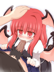 Rule 34 | 1girl, blush, embodiment of scarlet devil, fellatio, hand on another&#039;s head, head wings, headpat, koakuma, oral, penis, pov, red eyes, red hair, ry (yagoyago), solo focus, touhou, uncensored, wings