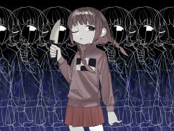 Rule 34 | 1girl, arm at side, black background, black eyes, blunt bangs, braid, brown hair, cowboy shot, distortion, floating hair, hand up, highres, holding, holding knife, inverted colors, knife, long hair, long sleeves, looking at viewer, low twin braids, madotsuki, multicolored background, numamomi, one eye closed, open mouth, partially colored, pink sweater, pixels, pleated skirt, purple background, recurring image, red skirt, skirt, sweater, turtleneck, turtleneck sweater, twin braids, yume nikki