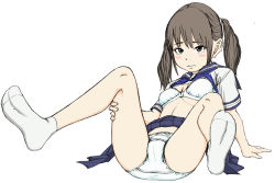Rule 34 | 1girl, arm support, blouse, blue neckerchief, blue sailor collar, blue skirt, blush, bow, bow panties, bra, breasts, brown eyes, brown hair, cameltoe, closed mouth, clothes lift, commentary request, crotch seam, frown, hair tie, leaning back, leg lift, lifted by self, looking at viewer, m legs, maburu (lojyq1eur3e8bit), medium hair, miniskirt, neckerchief, original, panties, parted lips, pleated skirt, sailor collar, school uniform, serafuku, shirt, shirt lift, short sleeves, simple background, sitting, skirt, skirt lift, small breasts, socks, solo, twintails, underwear, white background, white bra, white panties, white shirt, white socks