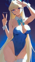 Rule 34 | 1girl, absurdres, blonde hair, blue archive, blue eyes, blue leotard, breasts, double v, futsukayoi, highres, leotard, long hair, looking at viewer, medium breasts, open mouth, playboy bunny, solo, thighhighs, toki (blue archive), toki (bunny) (blue archive), v, white wrist cuffs, wrist cuffs