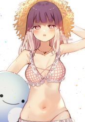 Rule 34 | 1girl, :o, absurdres, arm behind back, arm up, ball, beachball, bikini, blush, breasts, brown hat, cleavage, commentary request, half-closed eyes, hat, highres, looking at viewer, medium breasts, navel, nijisanji, parted lips, plaid, plaid bikini, purple hair, red eyes, shiina yuika, shiina yuika (6th costume), signature, simple background, sofra, solo, straw hat, swimsuit, teeth, twitter username, upper body, upper teeth only, virtual youtuber, white background