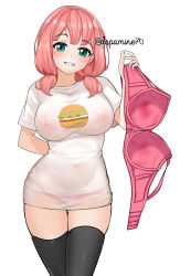 Rule 34 | 1girl, arm behind back, bang dream!, black thighhighs, bra, clenched teeth, commentary, covered navel, dopamine70, food print, green eyes, highres, holding, holding bra, holding clothes, holding underwear, looking at viewer, pink hair, see-through, shirt, short hair, short twintails, smile, solo, standing, teeth, thighhighs, thighs, twintails, twitter username, uehara himari, underwear, white shirt
