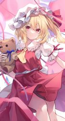 Rule 34 | 1girl, ascot, bare legs, blonde hair, breasts, closed mouth, feet out of frame, flandre scarlet, frilled shirt collar, frills, hair between eyes, highres, holding, holding stuffed toy, kure~pu, light smile, medium hair, mob, one side up, pink eyes, red ribbon, red skirt, red vest, ribbon, skirt, skirt set, small breasts, solo, stuffed animal, stuffed toy, teddy bear, touhou, vest, yellow ascot