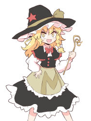 Rule 34 | 1girl, absurdres, black vest, blonde hair, braid, brown eyes, hair between eyes, hand on own hip, hat, highres, holding, holding wand, kirisame marisa, kurachi mizuki, long hair, looking at viewer, open mouth, puffy sleeves, shirt, simple background, solo, touhou, undefined fantastic object, vest, wand, white background, white shirt, witch hat