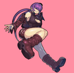 Rule 34 | 1girl, absurdres, ahoge, bare shoulders, black shirt, boots, breasts, cleavage cutout, clothing cutout, cropped jacket, earrings, fengmo, full body, hair over eyes, halter shirt, halterneck, highres, jacket, jewelry, large breasts, lips, long hair, miniskirt, pink background, purple footwear, purple jacket, purple skirt, red footwear, red jacket, red skirt, shermie (kof), shirt, sidelocks, simple background, skirt, sleeveless, solo, the king of fighters, twintails, very long hair
