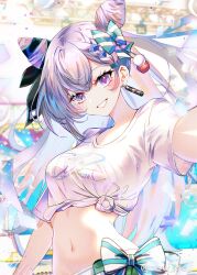 Rule 34 | 1girl, blue eyes, bow, breasts, cone hair bun, confetti, earrings, grey hair, hair bow, hair bun, highres, hololive, hololive indonesia, hololive summer 2023 swimsuit, jewelry, long hair, medium breasts, midriff, navel, shirt, smile, sowon, striped bow, tied shirt, twitter username, vestia zeta, virtual youtuber