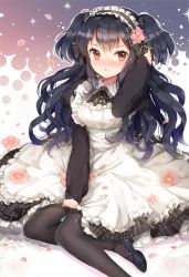 Rule 34 | 1girl, apron, bad id, bad pixiv id, black hair, black pantyhose, blush, bow, dangmill, dress, flower, hair bow, hair flower, hair ornament, hairband, long hair, long sleeves, looking at viewer, maid, maid apron, mary janes, original, pantyhose, petals, red eyes, shoes, sitting, solo, twintails, two side up