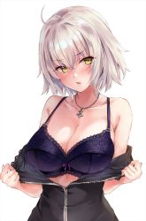 Rule 34 | 1girl, ahoge, bare shoulders, blush, bow, bow bra, bra, breasts, cleavage, collarbone, commentary request, cowboy shot, fate/grand order, fate (series), fingernails, highres, jeanne d&#039;arc (fate), jeanne d&#039;arc alter (fate), jeanne d&#039;arc alter (ver. shinjuku 1999) (fate), jewelry, large breasts, marisasu (marisa0904), necklace, official alternate costume, open clothes, open mouth, short hair, silver hair, simple background, underwear, upper body, white background, yellow eyes
