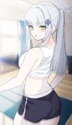 Rule 34 | 1girl, absurdres, alternate costume, ass, breasts, commentary, commentary request, crop top, cross hair ornament, dolphin shorts, from behind, girls&#039; frontline, hair ornament, halo, highres, hk416 (girls&#039; frontline), indoors, long hair, looking at viewer, looking back, open mouth, ponytail, shorts, sidelocks, solo, teardrop facial mark, teardrop tattoo, uchikata takeaki, white hair