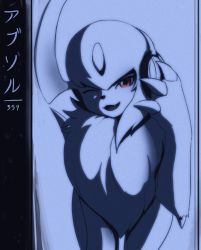 Rule 34 | absol, animal focus, blue background, blue theme, character name, claws, creatures (company), eryz, fangs, fluffy, game freak, gen 3 pokemon, hand up, happy, headphones, highres, japanese text, looking at viewer, monochrome, nintendo, no humans, one eye closed, open mouth, pokedex number, pokemon, pokemon (creature), short hair, simple background, smile, solo, standing, translated, wink