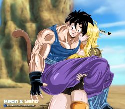 Rule 34 | 1boy, 1girl, assertive female, black hair, blonde hair, bluegraves, blush, breasts, carrying, cleavage, crossover, dragon ball, faceless, faceless female, fingerless gloves, gloves, heart, highres, incoming kiss, large breasts, legs, midriff, monkey tail, muscular, muscular male, princess carry, puckered lips, role reversal, rwby, shaded face, short hair, surprised, tail, thick thighs, thighs, yang xiao long