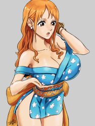 Rule 34 | 1girl, absurdres, breasts, cleavage, highres, large breasts, long hair, nami (one piece), one piece, orange hair, sherumaru (korcht06), signature, tagme