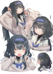Rule 34 | ..., 1girl, :t, absurdres, adjusting hair, black hair, blue archive, blue neckerchief, blush, cardigan, closed eyes, hairband, highres, holding, holding own hair, kilabo, long hair, multiple views, neckerchief, open mouth, sailor collar, simple background, solo, ui (blue archive), white background
