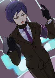 Rule 34 | 1boy, armband, black gloves, black jacket, black pants, black sweater, brown eyes, clipboard, collared shirt, commentary request, gloves, holding, holding clipboard, jacket, lobotomy corporation, long sleeves, male focus, medu (rubish), necktie, open mouth, pants, project moon, purple armband, purple hair, purple necktie, ribbed sweater, shirt, short hair, solo, sweater, turtleneck, turtleneck sweater, v-shaped eyebrows, white shirt, yesod (project moon)