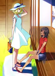 Rule 34 | 10s, 2girls, andou (girls und panzer), arm behind back, bad id, bad twitter id, bag, black hair, blonde hair, blue eyes, blue footwear, blue ribbon, blue shorts, casual, closed mouth, cutoffs, dark-skinned female, dark skin, day, dress, flats, from side, girls und panzer, grocery bag, hand on headwear, hat, hat ribbon, holding, light frown, looking at another, medium dress, medium hair, messy hair, multiple girls, open mouth, oshida (girls und panzer), outdoors, red shirt, ribbon, sandals, shadow, shirt, shopping bag, short sleeves, shorts, shutou mq, sitting, smile, standing, sun hat, t-shirt, white dress, wooden floor