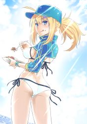 Rule 34 | 1girl, :q, ahoge, artoria pendragon (fate), ass, baseball cap, bikini, blonde hair, blush, breasts, butt crack, closed mouth, cloud, curry, curry rice, day, dutch angle, fate/grand order, fate (series), food, food on face, from behind, hat, highres, holding, holding spoon, looking at viewer, looking back, medium breasts, mysterious heroine x (fate), mysterious heroine xx (fate), oku hideki, outdoors, plate, ponytail, rice, sky, solo, spoon, standing, sunlight, sweat, swimsuit, tongue, tongue out, water, white bikini