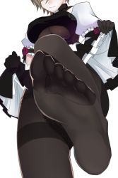 Rule 34 | 1girl, artist request, barefoot, black panties, black pantyhose, breasts, clothes lift, feet, female focus, foot focus, from below, honkai (series), honkai impact 3rd, large breasts, leg up, lifted by self, panties, panties under pantyhose, pantyhose, pantyshot, pov, rita rossweisse, rita rossweisse (umbral rose), see-through, skirt, skirt lift, smile, soles, solo, toes, underboob, underwear