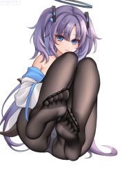 Rule 34 | 1girl, absurdres, asagiri ai, black pantyhose, blue archive, blush, closed mouth, feet, foot focus, full body, halo, highres, jacket, long hair, looking at viewer, mechanical halo, multicolored clothes, multicolored jacket, panties, panties under pantyhose, pantyhose, purple eyes, purple hair, simple background, solo, toes, two-tone jacket, two side up, underwear, white background, white jacket, white panties, yuuka (blue archive)