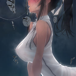 Rule 34 | 1girl, after fellatio, black hair, blush, breasts, breath, collared shirt, commentary, covered erect nipples, cum, cum in mouth, cum string, dark background, from side, hair ribbon, head out of frame, heavy breathing, highres, large breasts, long hair, maketara omae, hitoban ore no omocha na, murakami suigun, no bra, open mouth, original, ponytail, ribbon, shirt, sidelocks, simple background, sleeveless, sleeveless shirt, solo, sound effects, steaming body, sweat, trembling, upper body, wet, wet clothes, wet shirt, white ribbon, white shirt