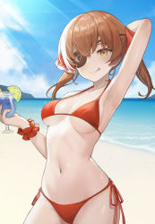 Rule 34 | 1girl, absurdres, alternate hair color, arm behind head, arm up, armpits, arrow through heart, bare shoulders, beach, bikini, blue sky, blush, breasts, brown hair, cleavage, closed mouth, cowboy shot, cup, day, drink, drinking glass, eyepatch, food, fruit, hair ribbon, halterneck, highres, holding, holding cup, hololive, houshou marine, light rays, lime (fruit), lime slice, long hair, looking at viewer, medium breasts, navel, ocean, outdoors, red bikini, red ribbon, ribbon, scrunchie, shinyu xingyu, side-tie bikini bottom, sky, smile, solo, stomach, string bikini, sunbeam, sunlight, swimsuit, twintails, underboob, virtual youtuber, water, wrist scrunchie, yellow eyes