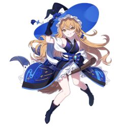 1girl alternate_costume artist_request blonde_hair blue_boots blue_bow blue_gloves blue_hat blue_kimono boots bow braid broom broom_riding commentary_request gloves gothic_wa_mahou_otome grin hair_bow hat hat_bow japanese_clothes kimono kirisame_marisa long_hair looking_at_viewer obi obiage obijime official_art sash second-party_source side_braid single_braid smile solo touhou touhou_gensou_eclipse transparent_background white_bow witch_hat yellow_eyes