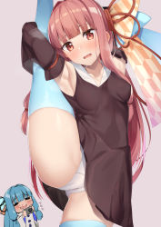 Rule 34 | 2girls, :d, = =, absurdres, armpits, arms up, bare shoulders, blood, blue hair, blue thighhighs, blush, breasts, brown background, brown dress, brown sleeves, camera, closed eyes, collarbone, commentary request, detached sleeves, dress, drooling, gluteal fold, hair ribbon, highres, holding, holding camera, kotonoha akane, kotonoha aoi, leg up, long hair, long sleeves, looking at viewer, multiple girls, nose blush, nosebleed, open mouth, panties, partner (kprtnr), pink hair, red eyes, red ribbon, ribbon, saliva, siblings, simple background, sisters, sleeveless, sleeveless dress, small breasts, smile, solo focus, split, standing, standing on one leg, standing split, sweat, thighhighs, underwear, very long hair, voiceroid, white dress, white panties, wide sleeves