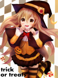 Rule 34 | 1girl, :d, aisaka taiga, brown eyes, brown hair, candy, food, halloween, hat, highres, jack-o&#039;-lantern, lollipop, long hair, open mouth, palmtop tiger, smile, solo, striped clothes, striped thighhighs, thighhighs, toradora!, trick or treat, witch hat, zhang xiao bo
