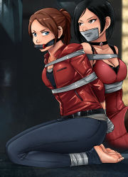 Rule 34 | 2girls, absurdres, ada wong, bit gag, black hair, blue eyes, bound, bound ankles, bound torso, bound wrists, breasts, brown eyes, brown hair, capcom, choker, claire redfield, cleavage, dress, earrings, gag, gagged, highres, improvised gag, jewelry, legs, lost one zero, medium breasts, multiple girls, red dress, resident evil, resident evil 2, seiza, shirt, shorts, sitting, sweat, tape, tape gag, thighs