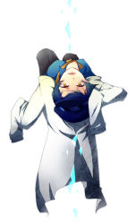 Rule 34 | 1girl, androgynous, atlus, blue hair, cabbie hat, dark persona, female focus, floating, hat, lab coat, long sleeves, necktie, persona, persona 4, reverse trap, shadow (persona), shirogane naoto, short hair, simple background, sleeves past wrists, solo, upside-down, white background, yellow eyes