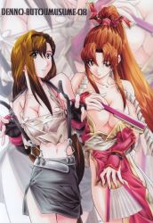 Rule 34 | 1990s (style), 2girls, belt, breasts, brown eyes, brown hair, cleavage, folded fan, crossover, hand fan, fatal fury, final fantasy, final fantasy vii, fingerless gloves, folding fan, gloves, grey eyes, large breasts, long hair, midriff, multiple girls, pelvic curtain, pencil skirt, ponytail, rope, shiranui mai, skirt, snk, soyosoyo, suspender skirt, suspenders, the king of fighters, tifa lockhart, zoom layer