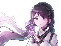 Rule 34 | 1girl, black hair, black survival, bow, braid, card, frown, holding, holding card, hyejin (black survival), keinet, long sleeves, purple bow, purple eyes, sidelocks, simple background, talisman, twintails, upper body, white background
