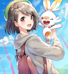 Rule 34 | 1girl, :d, ;d, backpack, bag, beret, black hair, blue sky, blush, brown eyes, coat, commentary request, creatures (company), day, dutch angle, from side, game freak, gen 8 pokemon, gloria (pokemon), green headwear, grey coat, hat, holding, holding pokemon, hood, hood down, hooded coat, lens flare, long sleeves, looking at viewer, looking to the side, nintendo, one eye closed, open mouth, orange eyes, outdoors, pokemon, pokemon (creature), pokemon swsh, revision, scorbunny, short hair, sky, smile, upper body, yuduki (tt-yuduki)