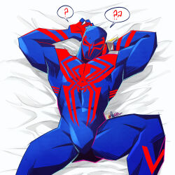 Rule 34 | 1boy, ?, animal print, arms up, bara, blue bodysuit, bodysuit, bulge, feet out of frame, from above, highres, lying, male focus, marvel, muscular, muscular male, on back, on bed, print bodysuit, red bodysuit, solo, spider-man: across the spider-verse, spider-man (2099), spider-man (series), spider-verse, spider print, spoken question mark, spread legs, textless version, thighs, two-tone bodysuit, v-taper, volflamm