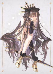 Rule 34 | 1girl, asymmetrical legwear, asymmetrical sleeves, crown, detached sleeves, earrings, elbow gloves, fate/grand order, fate (series), gloves, hand on own chin, high heels, highres, hoop earrings, ishtar (fate), ishtar (fate), jewelry, long hair, looking to the side, midriff, navel, red eyes, single detached sleeve, single elbow glove, single thighhigh, solo, suzuneko-rin, thighhighs, tiara, uneven legwear, uneven sleeves, very long hair, weapon
