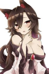 Rule 34 | 1girl, animal ears, blush, breasts, brooch, brown eyes, brown hair, cleavage, commentary request, dress, embarrassed, frilled sleeves, frills, highres, imaizumi kagerou, jewelry, long hair, long sleeves, medium breasts, off-shoulder dress, off shoulder, open mouth, simple background, tail, touhou, tyouseki, white background, white dress, wide sleeves, wolf ears, wolf girl, wolf tail