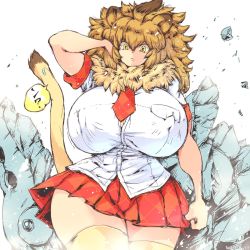 Rule 34 | 1girl, animal ears, arm around shoulder, big hair, breast pocket, breasts, clenched hand, covered erect nipples, cowboy shot, curvy, fur collar, gigantic breasts, hair between eyes, hataraki ari, highres, huge breasts, impossible clothes, impossible shirt, kemono friends, light brown hair, lion (kemono friends), lion ears, lion tail, looking at viewer, miniskirt, necktie, plaid, plaid necktie, plaid skirt, plaid sleeves, pocket, red skirt, shirt, short sleeves, skirt, solo, tail, thighhighs, walking, wide hips, yellow eyes, yellow thighhighs, zettai ryouiki