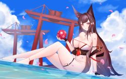 Rule 34 | 1girl, amagi (azur lane), amagi (wending waters serene lotus) (azur lane), animal ears, azur lane, ball, bare shoulders, bikini, black gloves, blue sky, breasts, brown hair, brown sash, center opening, cloud, fingerless gloves, full body, gloves, highres, holding, holding ball, kingfisher (8642), kitsune, large breasts, long hair, looking at viewer, multiple torii, official alternate costume, open bikini, open clothes, outdoors, petals, purple eyes, see-through, sitting on water, sky, solo, swimsuit, swimsuit tug, thigh strap, torii, very long hair, water, white bikini