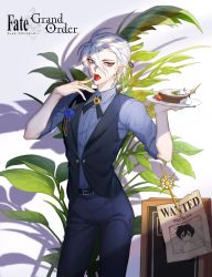 Rule 34 | 1boy, absurdres, bishounen, black pants, black vest, blue eyes, blue shirt, cake, copyright name, earrings, eating, fate/grand order, fate (series), flower, food, formal, fruit, hair ribbon, hand up, highres, holding, holding plate, jewelry, karna (fate), kylooe 0, male focus, pale skin, pants, plant, plate, ribbon, shadow, shirt, short sleeves, standing, strawberry, suit, vest, wanted, white hair