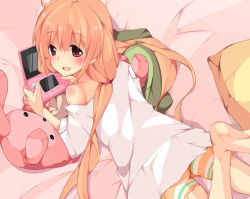 Rule 34 | 10s, 1girl, ass, barefoot, bed, blush, brown hair, from above, futaba anzu, game boy, game boy (original), handheld game console, idolmaster, idolmaster cinderella girls, long hair, looking up, lying, nintendo 3ds, off shoulder, on bed, on stomach, open mouth, pillow, plus9, red eyes, solo, stuffed animal, stuffed toy, twintails