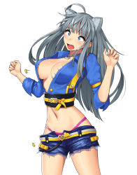 Rule 34 | 1girl, aaa, ahoge, animal ears, bad id, bad pixiv id, bikini, bikini bottom only, blue eyes, breasts, bursting breasts, cat ears, closers, cutoffs, d:, denim, denim shorts, covered erect nipples, fang, grey hair, jewelry, large breasts, long hair, navel, necklace, no bra, open clothes, open fly, open mouth, open shirt, popped button, shirt, short shorts, shorts, solo, swimsuit, unzipped, wardrobe malfunction, white background