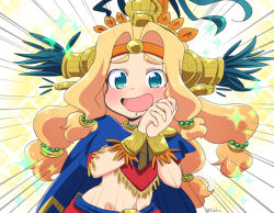 Rule 34 | 1girl, :d, aqua eyes, aztec, bead necklace, beads, blonde hair, blue cape, blush, bracer, cape, chin piercing, emphasis lines, eyebrows, eyes visible through hair, fate/grand order, fate (series), feathers, groin, hair beads, hair intakes, hair ornament, hands up, headband, headdress, jewelry, long hair, low-tied long hair, navel, neck ring, necklace, open mouth, own hands clasped, own hands together, piercing, poncho, quetzalcoatl (fate), smile, solo, sparkle, stomach, tsukko (3ki2ne10), twitter username